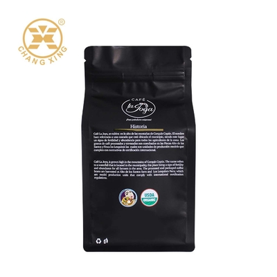 Printed Black Empty 500g Compostable Coffee Bags One Way Valve Flat Bottom With Zipper