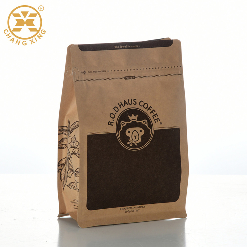 Square Flat bottom Compostable Kraft Paper Coffee Bags With Pocket Zip Lock Valve