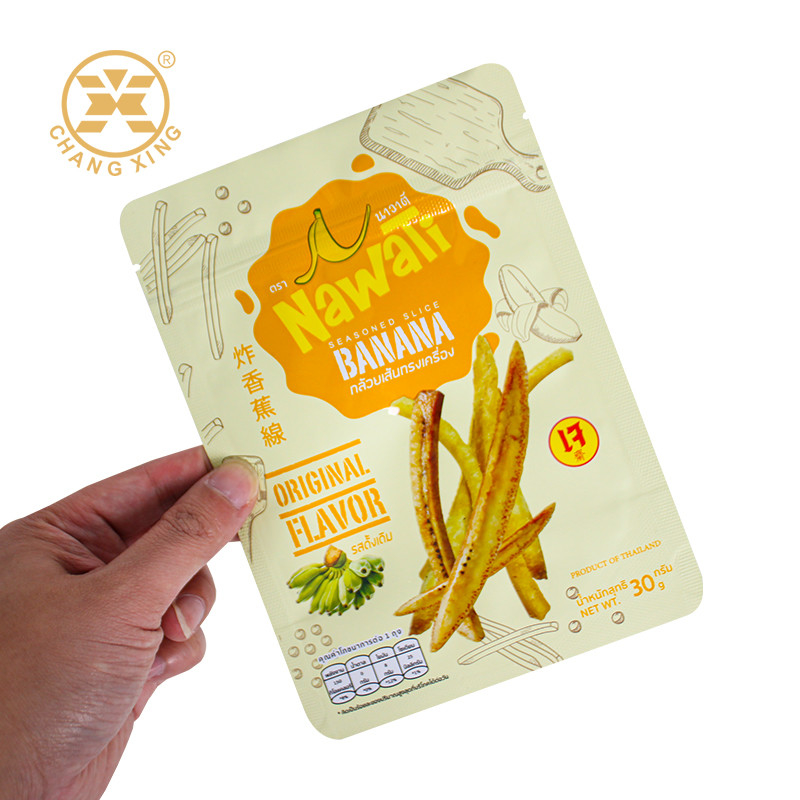 OEM ODM Food Grade Snack Food Packaging Bag Puffing Packing Bag Plastic Zipper Pouch For Fried Banana Strips Chips